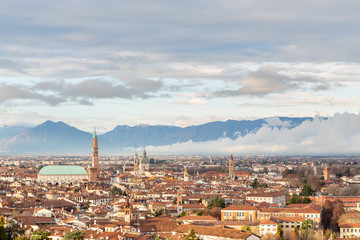 Aerial view of the city of Vicenza in Italy at sunset. The city of Palladio, from the name of the architect who designed most of his works here in the late Renaissance.
