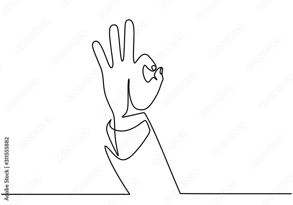 Wall mural continuous line drawing of a hand symbol with okay or OK gesture. Business metaphor concept sign of agreement.