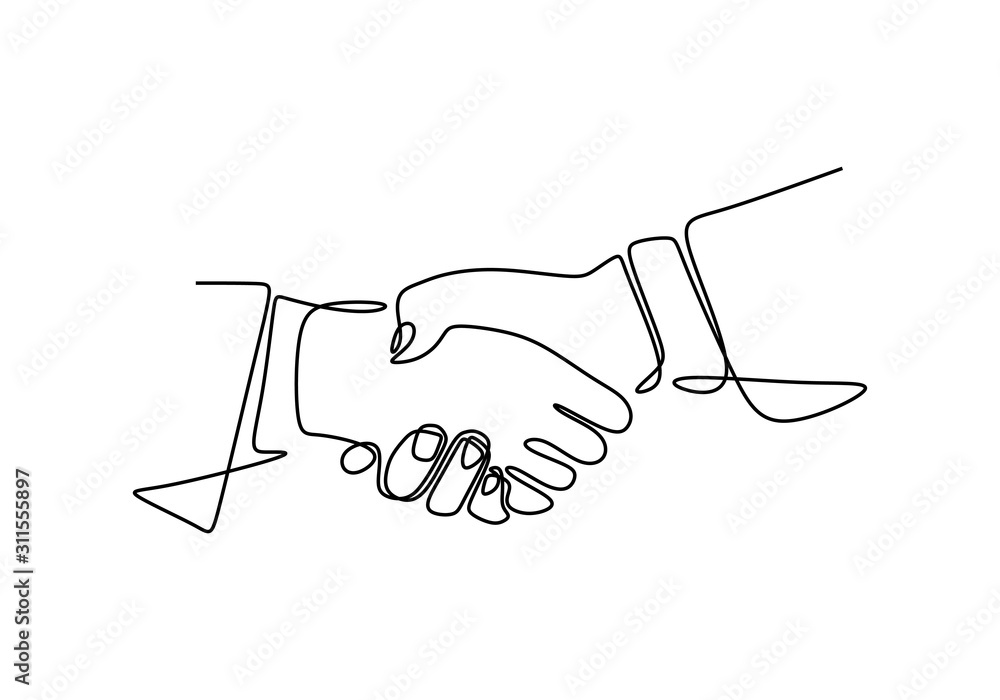 Poster continuous line drawing of handshake vector. business metaphor symbol of cooperation.