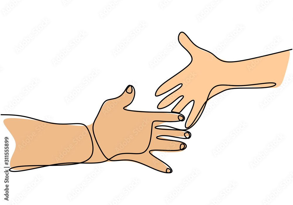 Poster continuous line drawing of handshake vector. business metaphor symbol of cooperation.