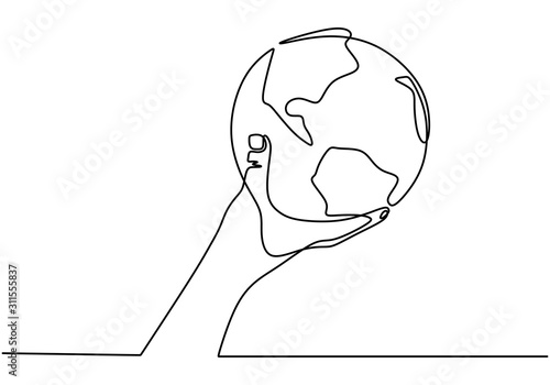 Continuous One Line Drawing Of Hand Holding Earth Globe Symbol Of Care With World Wall Mural Ngupakarti