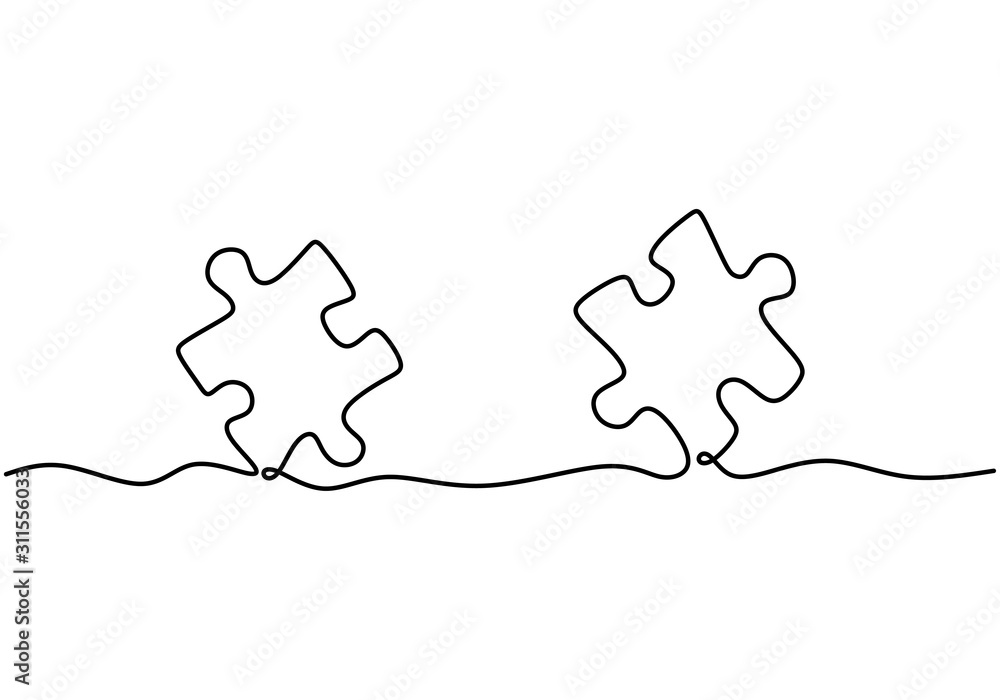 Poster continuous one line drawing of two pieces of jigsaw on white background. puzzle game symbol and sign