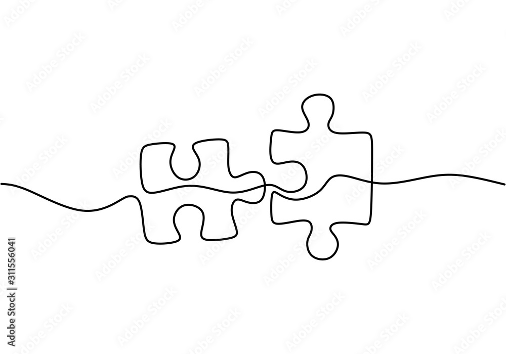 Poster continuous one line drawing of two pieces of jigsaw on white background. puzzle game symbol and sign
