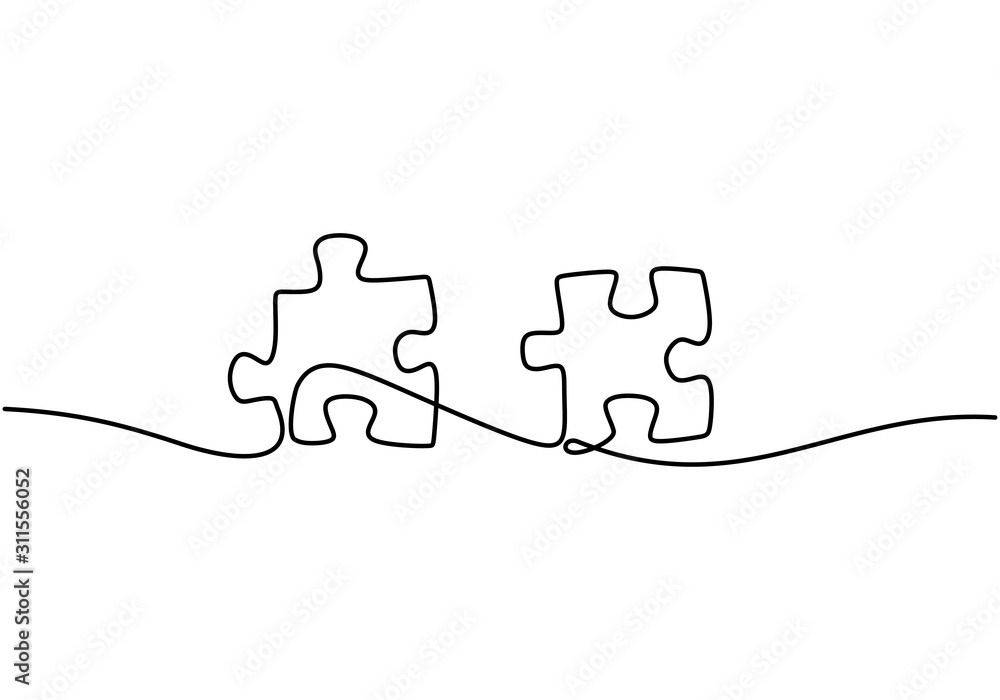 Poster continuous one line drawing of puzzle jigsaw pieces. problem solving and solution business metaphor 