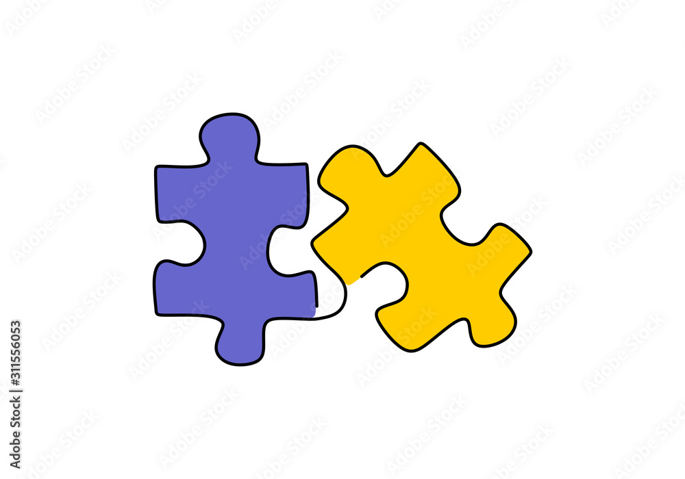 Poster continuous one line drawing of jigsaw puzzle with colors. minimalism hand drawn connecting solution 