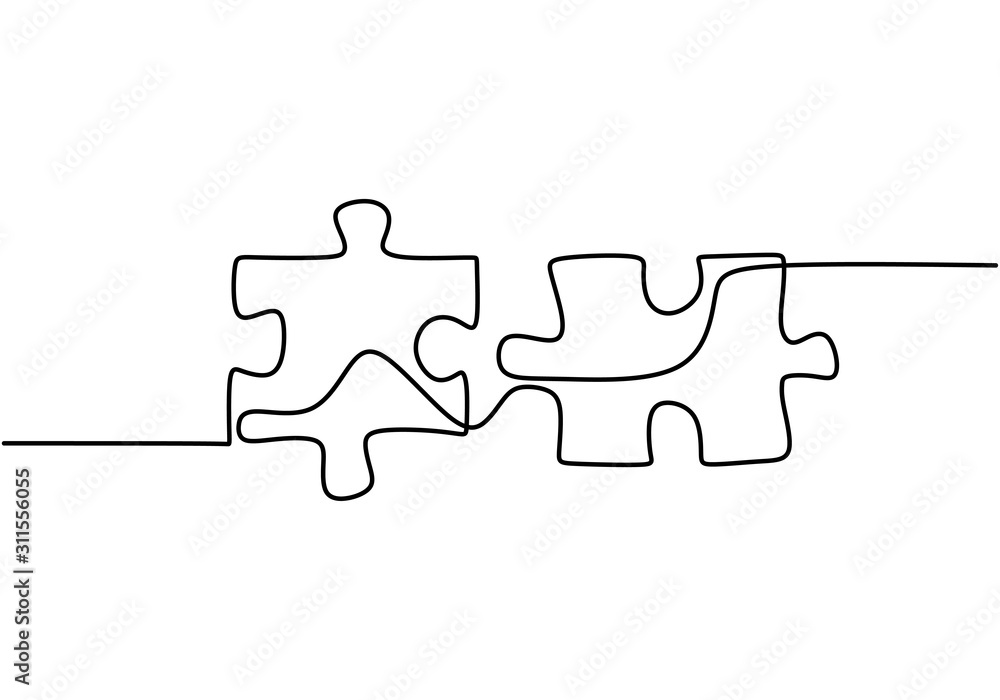 Poster continuous line drawing of jigsaw puzzle vector. connecting and problem solving business metaphor wi