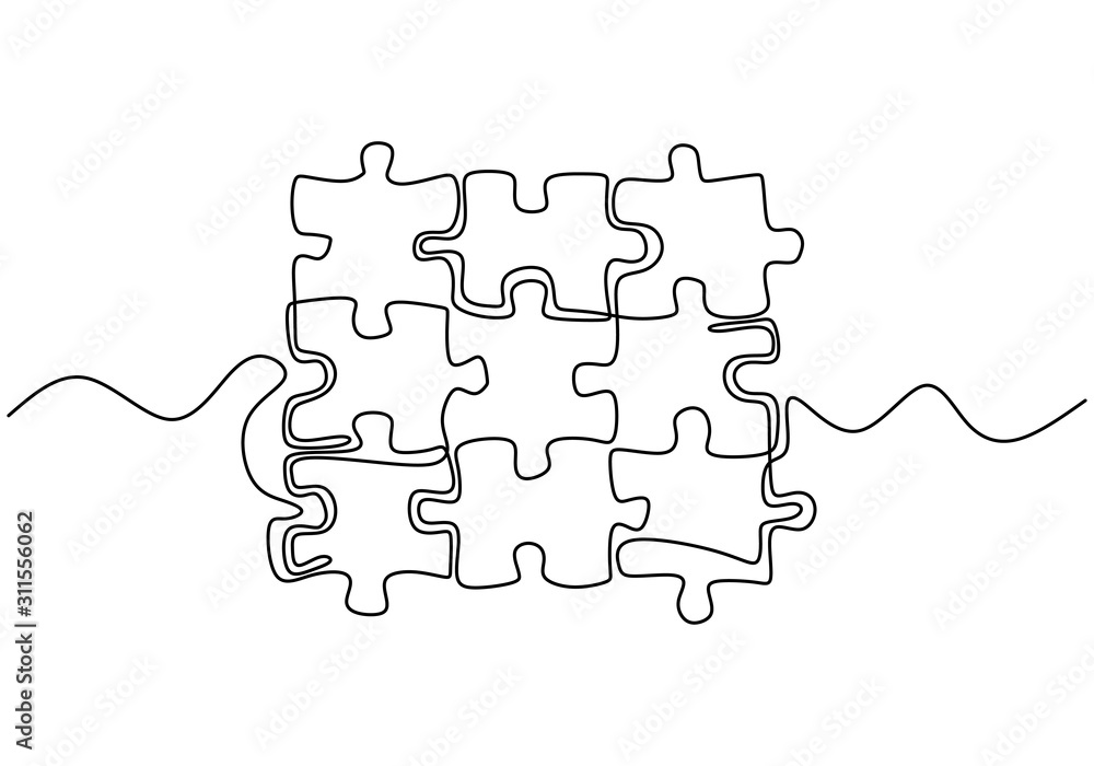 Poster continuous one line drawing of puzzle jigsaw pieces. problem solving and solution business metaphor 