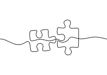 Dessin continu d& 39 une ligne de deux pièces de puzzle sur fond blanc. Symbole du jeu de puzzle et métaphore commerciale de la résolution de problèmes, de la solution et de la stratégie.