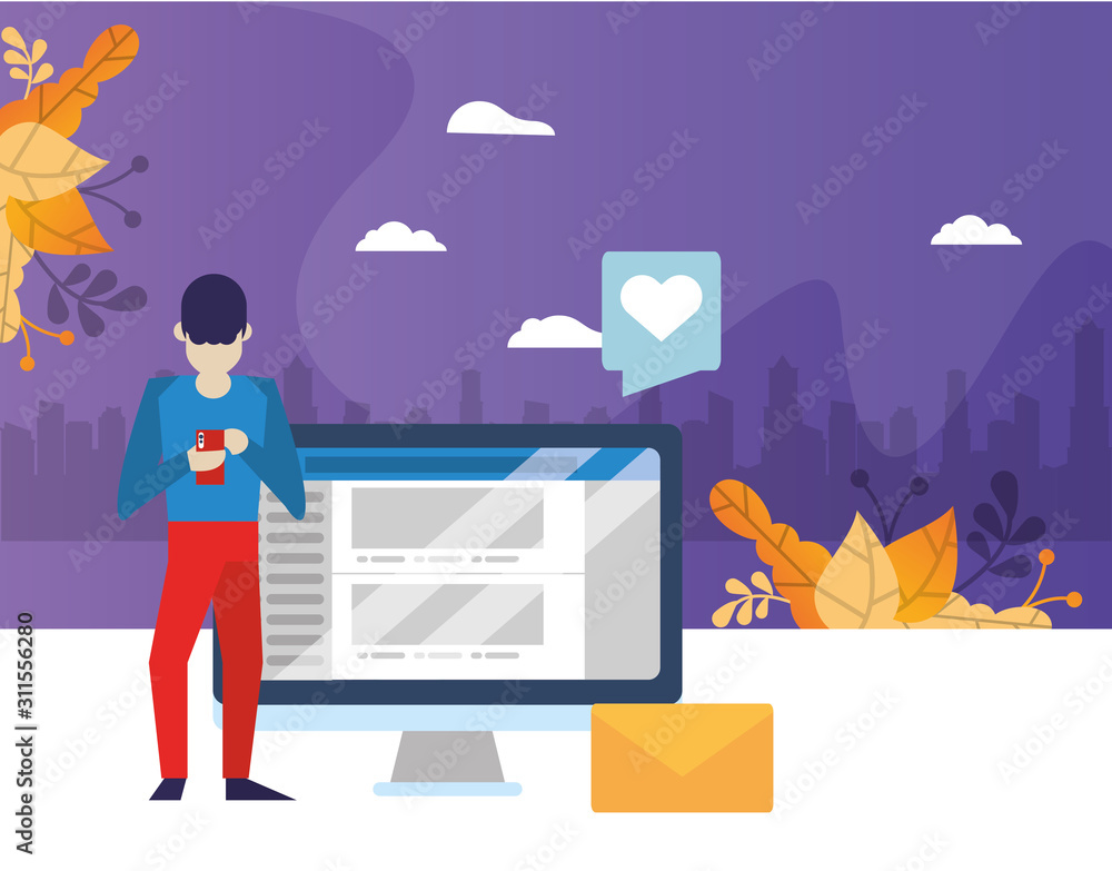 Aufkleber man using smartphone and desktop with social media app