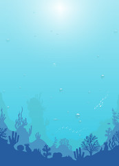 Ocean underwater world with different plants and animals. vertical background marine sea bottom silhouette Deep blue water