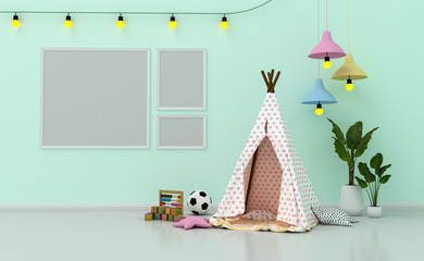 Mock up Kids room interior decorated,  wall in child room with Picture frame, 3d rendering illuatration.