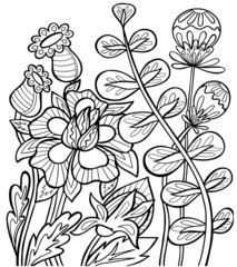 Fototapeta premium coloring outline flowers plants nature stroke isolate vector illustration baby doodle anti stress book grass