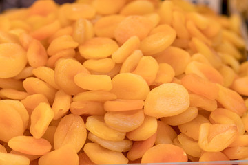 Dried apricots, close-up, kosher food.