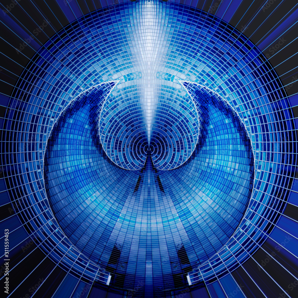 Poster digitally rendered image of abstract science and technology, or artificial intelligence and augmente