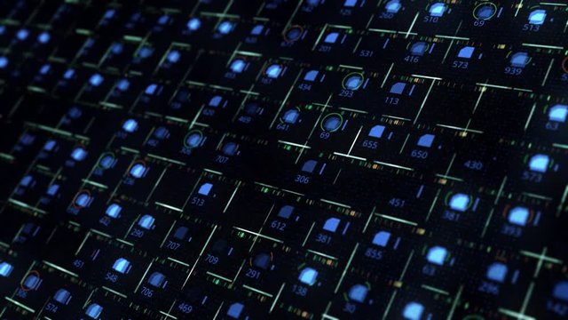 Electronic display with cells and numbers. Animation. Infinite number of cells with folders and numbers in virtual space. Glowing cells with folders and numbers in matrix style