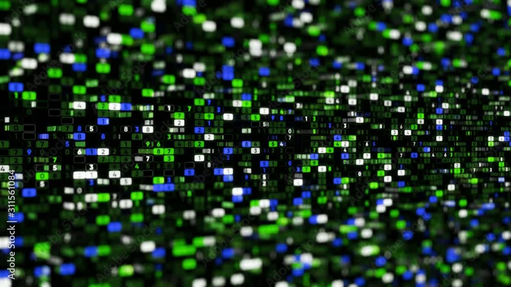 Poster matrix background of digital space with number. animation. lots of rows with colorful cells and chan