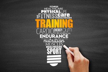 TRAINING light bulb word cloud, sport concept background