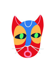 Colorful vector illustration. Cat's muzzle as a tribal  mask. Cartoon depiction of an animal.