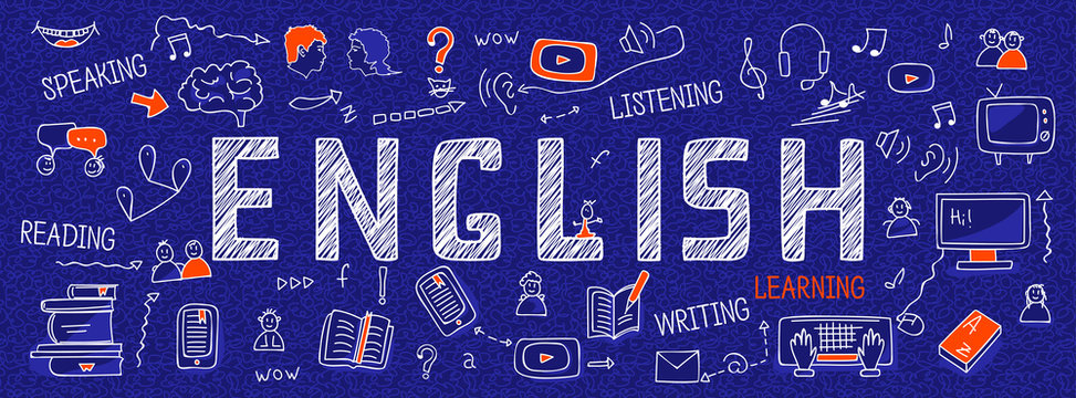 Internet banner about learning English language: white outline icons, symbols, signs on blue background. Line art illustration: learners, book, dictionary, speaking, reading, writing, listening skills
