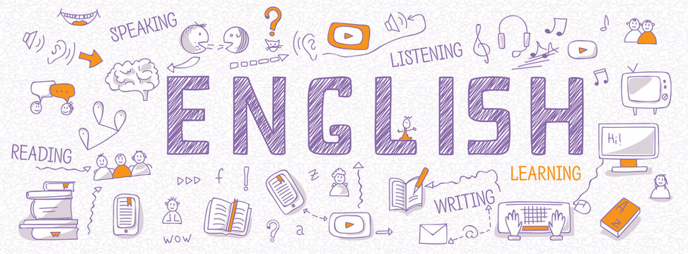 Header for websites about learning English language with outline icons, symbols, signs on white background. Illustration of book, dictionary, vocabulary, speaking, reading, writing, listening skills