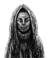 Black skinned shaman girl in the hood. White background