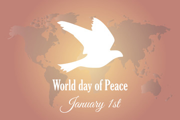 Vector illustration with white dove and map on the theme of World day of Peace on January 1st.