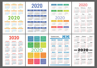 Calendar 2020 year. Vector template collection. Colorful English pocket calender set. Week starts on Sunday