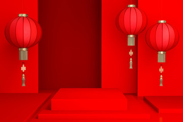 Chinese Lanterns with podium display stand on red background 3d rendering. 3d illustration greeting for Happiness, Prosperity & Longevity. Chinese new year festival.