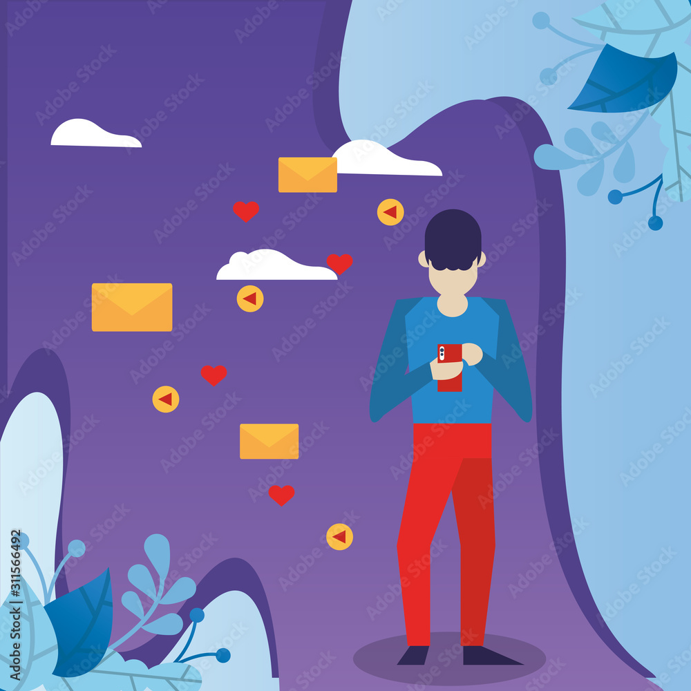 Poster man using smartphone with social media app