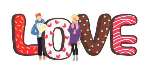 Vector Flat Illustration with Cookies and Couple. Chocolate Shortbread looks like Love and Enamored People seeing Each Other. The Man waiting with Bouquet and Woman coming with Gift and Shopping Bag