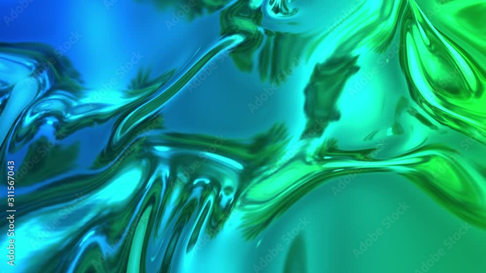 Poster animated blue green metalic gradient in 4k. 3d render of wavy cloth surface that forms ripples like 