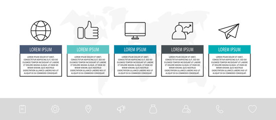 Vector infographic flat template. Rectangles for five diagrams, graph, flowchart, timeline, marketing, presentation. Business concept with 5 labels