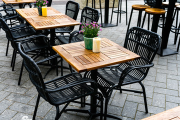 cozy, Empty coffee terrace, outside restaurant with tables and chairs