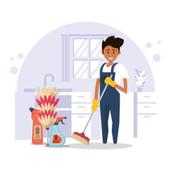 Fototapeta premium man worker in housekepping with broom
