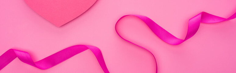 top view of empty paper heart with ribbon isolated on pink, panoramic shot
