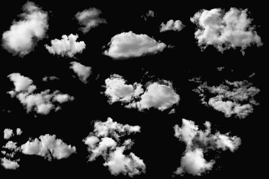 Set  group of white clouds  on isolated elements black background.