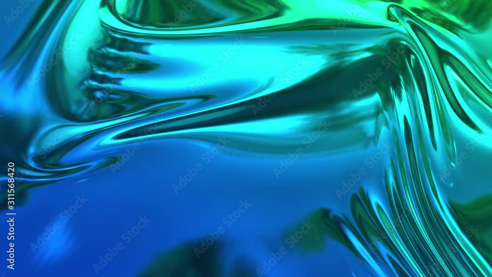 Poster animated blue green metalic gradient in 4k. 3d render of wavy cloth surface that forms ripples like 
