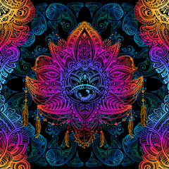 Seamless background for yoga and meditation. Ornate iridescent oriental pattern with paisley and mehendi elements. Indian and arabic motives in the style of Boho