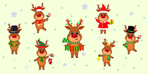 Christmas and New Year 2020. A set of seven cute reindeers in different costumes with holiday accessories on a background of snowflakes. Cartoon, flat style, Vector