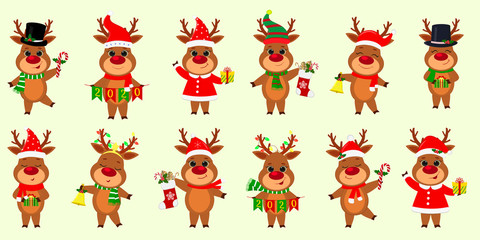 Christmas and New Year 2020. A set of twelve cute reindeers in different costumes with holiday accessories on a background of snowflakes. Cartoon, flat style, Vector