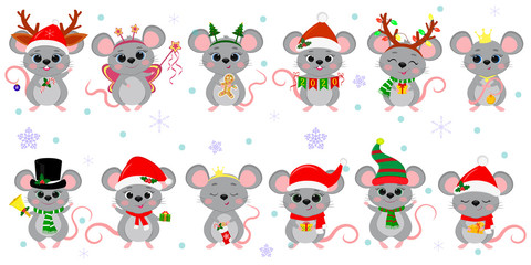 Fototapeta premium Christmas and New Year 2020. A set of twelve cute mouse rats in different costumes with holiday accessories on a background of snowflakes. Cartoon, flat style, Vector