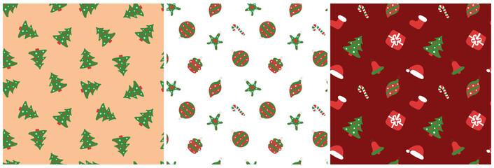 Christmas pattern. Winter holiday wallpaper. Seamless texture for the New Year. Santa Claus with a bag of gifts. Christmas decorations