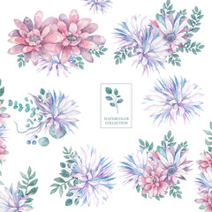 Soft Beauty Pink Flowers ready bouqet Watercolor Set. For wedding, birthday, invite card, Color spring leaves, flowers, isolated illustration on background