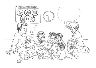 Morgenkreis im Kindergarten, Regeln und feste Zeiten, Kinder spielen noch, unterhalten sich oder sind müde und schlafen noch, Kritik kommt von den Erziehern, die ebenfalls nicht motiviert sind