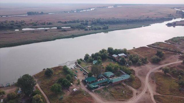Aerial view of the fishing bases in delta of Volga river, area near the Caspian Sea in Astrakhan Region of Russia