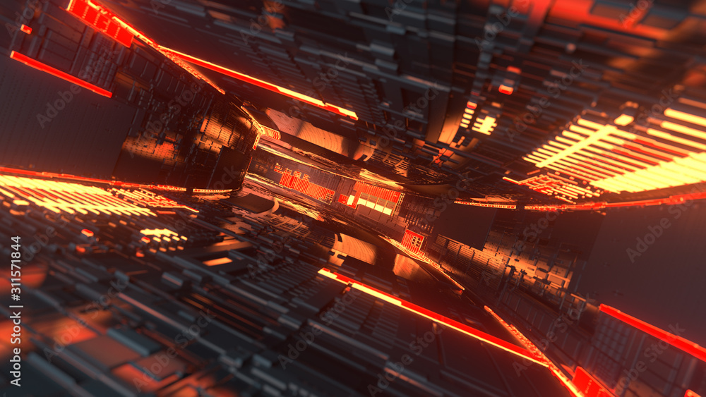 Aufkleber 3d render of 4k sci-fi tunnel with glowing zones. high detailed surface of spaceship corridor. depth