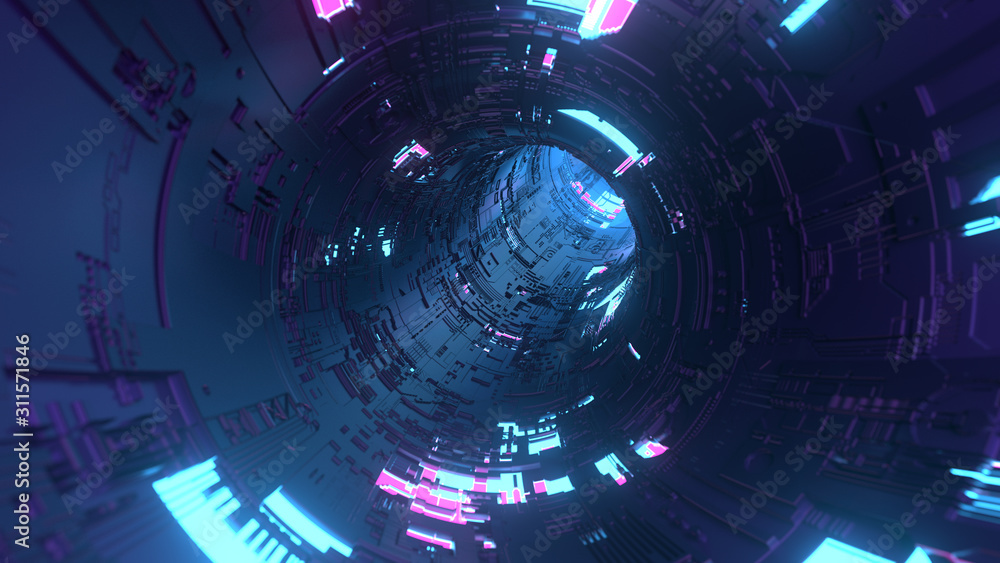 Poster 3d render of 4k sci-fi tunnel with glowing zones. high detailed surface of spaceship corridor. depth
