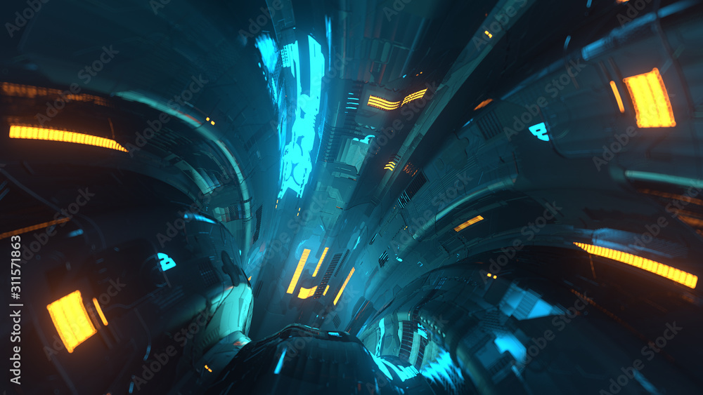 Aufkleber 3d render of 4k sci-fi tunnel with glowing zones. high detailed surface of spaceship corridor. depth
