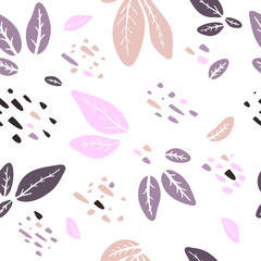 Seamless pattern, illustration with leaves of different shapes and colors on a white background. Design for fabric, wallpaper.