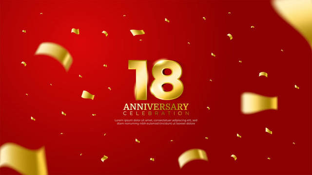 18th anniversary celebration vector red background. Golden numbers with shadow and sparkling confetti modern and elegant design for wedding party event decoration. Editable vector EPS 10